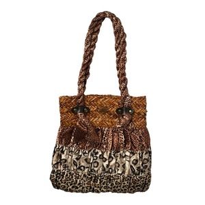 Capelli Straworld Double Handle Leopard Cheetah Mixed Print Satiny Bag Purse